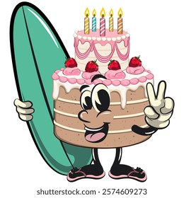 cute birthday and weading tart cake cartoon character mascot with surfboard and gave a peace sign, work of hand drawn