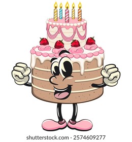 cute birthday and weading tart cake cartoon character mascot be strong, work of hand drawn