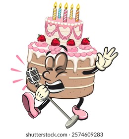 cute birthday and weading tart cake cartoon character mascot sing earnestly with maximum style, work of hand drawn