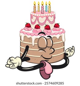 cute birthday and weading tart cake cartoon character mascot meditating, work of hand drawn