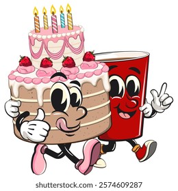 cute birthday and weading tart cake cartoon character mascot walk with a red cup character while giving thumbs up, work of hand drawn