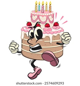 cute birthday and weading tart cake cartoon character mascot jumping and kicking, work of hand drawn