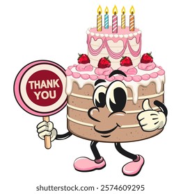cute birthday and weading tart cake cartoon character mascot say thank you, work of hand drawn