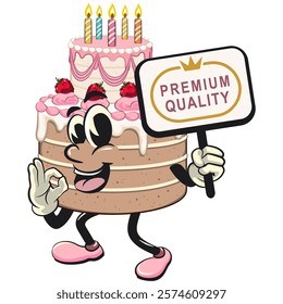 cute birthday and weading tart cake cartoon character mascot carrying a sign board that says premium quality while giving an okay sign, work of hand drawn