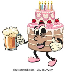 cute birthday and weading tart cake cartoon character mascot lift a big glass of beer, work of hand drawn