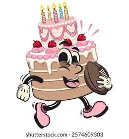 cute birthday and weading tart cake cartoon character mascot playing rugby and american football, work of hand drawn