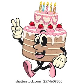 cute birthday and weading tart cake cartoon character mascot walking with a peace sign, work of hand drawn