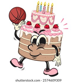 cute birthday and weading tart cake cartoon character mascot playing basketball, work of hand drawn