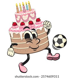 cute birthday and weading tart cake cartoon character mascot playing football or soccer, work of hand drawn