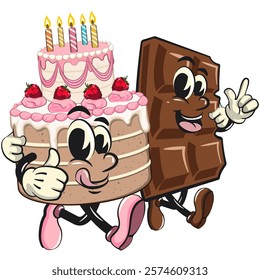 cute birthday and weading tart cake cartoon character mascot walk with a chocolate bar character while giving thumbs up, work of hand drawn