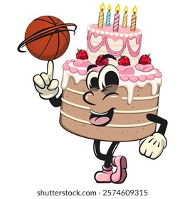 cute birthday and weading tart cake cartoon character mascot spin the basketball with the index finger, work of hand drawn