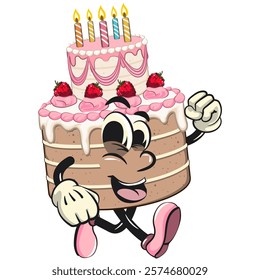 cute birthday and weading tart cake cartoon character mascot walking, work of hand drawn
