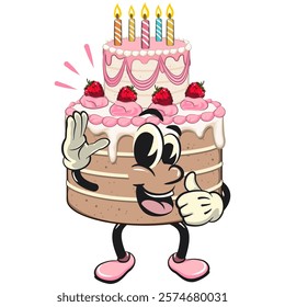 cute birthday and weading tart cake cartoon character mascot wave your hand and give a thumbs up sign, work of hand drawn