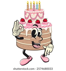 cute birthday and weading tart cake cartoon character mascot dancing while giving the okay sign, work of hand drawn