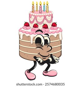 cute birthday and weading tart cake cartoon character mascot folding his arms calmly, work of hand drawn