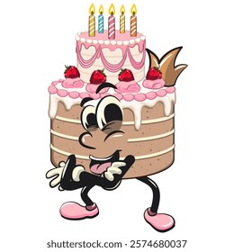 cute birthday and weading tart cake cartoon character mascot crowned like a king while folding his arms calmly, work of hand drawn