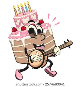 cute birthday and weading tart cake cartoon character mascot playing the banjo musical instrument, work of hand drawn