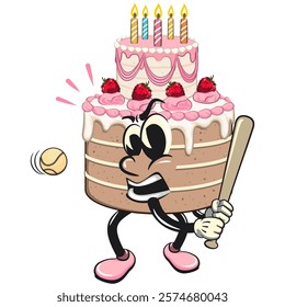 cute birthday and weading tart cake cartoon character mascot playing baseball ready to hit the ball with the bat, work of hand drawn