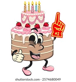 cute birthday and weading tart cake cartoon character mascot raise foam finger, work of hand drawn