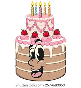 cute birthday and weading tart cake cartoon character mascot, work of hand drawn