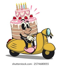 cute birthday and weading tart cake cartoon character mascot riding a scooter, work of hand drawn