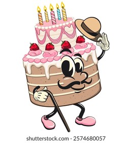 cute birthday and weading tart cake cartoon character mascot walk with a stick and saluting with raised hat, work of hand drawn