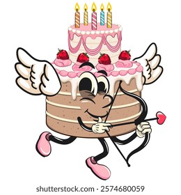 cute birthday and weading tart cake cartoon character mascot being cupid with angel wings and the arrow of love, work of hand drawn