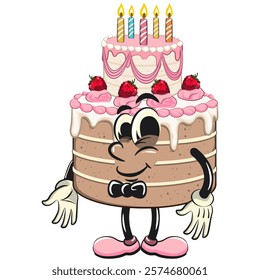 cute birthday and weading tart cake cartoon character mascot wearing a bow tie and feeling cool, work of hand drawn