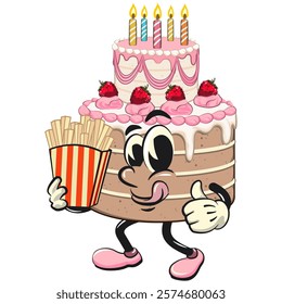 cute birthday and weading tart cake cartoon character mascott brought a box of french fries, work of hand drawn