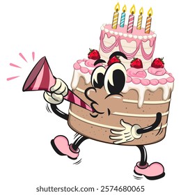 cute birthday and weading tart cake cartoon character mascot blow the party horn trumpet, work of hand drawn