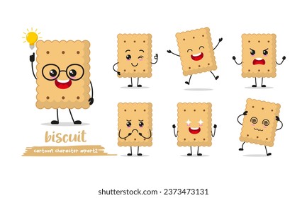 cute biscuit cartoon with many expressions. food different activity pose vector illustration flat design set.