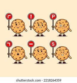 Cute Biscuits cartoon character holding traffic sign illustration in modern 3d style design