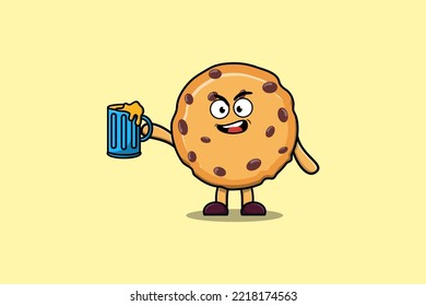 Cute Biscuits cartoon mascot character with beer glass and cute stylish design flat illustration
