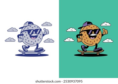 Bizcochos lindos, personaje de mascota de galletas jugando monopatín e ilustración de personaje retro