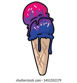 Cute bisexual ice cream cone cartoon vector illustration motif set. LGBTQ love sweet treat elements for pride blog. Tasty graphic for summer web buttons. 