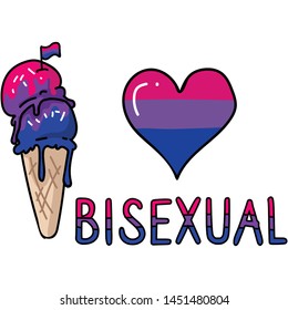 Cute bisexual ice cream cone cartoon vector illustration motif. LGBTQ bi sweet treat elements for pride blog. Typography graphic for summer web buttons.