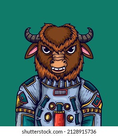 Cute bison astronaut cartoon vector icon illustration close up