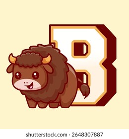 Cute Bison In B Alphabet Cartoon Vector Icon Illustration. Animal Education Icon Concept Isolated Premium Vector. Flat Cartoon Style