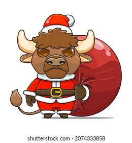 cute bison or bull mascot, carrying red bundle bag and wearing santa claus costume, cute animal character wearing christmas costume, front view. kawaii and shiny style, perfect for christmas content