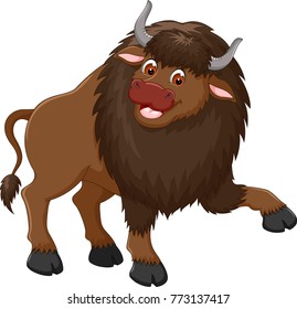 cute bison cartoon posing with laughing and waving