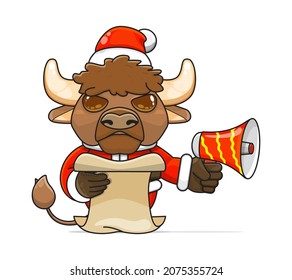 cute bison cartoon, wearing santa costume holding megaphone and reading script, cute animal character wearing christmas costume, front view. kawaii and simple style, suitable for christmas content
