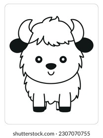Cute Bison, ilustración Bison, vector Bison, páginas de colores para niños, negro y blanco