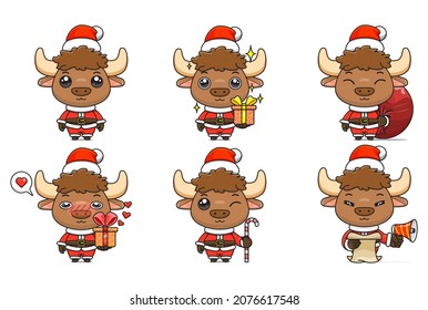 cute bison set, animal character bundles in santa costumes, animals wearing christmas costumes. cartoon in kawaii style, chibi mascot. very suitable for Christmas content. for adult or child