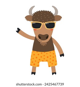 Lindo bisonte en pantalones cortos, baúles de natación ilustración de personajes de dibujos animados. Diseño plano de estilo escandinavo dibujado a mano, vector aislado. Elemento de la impresión del verano de los niños, animal en vacaciones, vacaciones, playa