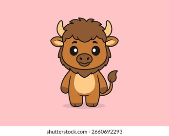 Lindo Bisonte de pie vista frontal - Ilustración de dibujos animados de Vector plano de un personaje de Bisonte.