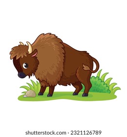 Cute bison stands on a green meadow. Vector illustration with animal in cartoon style.