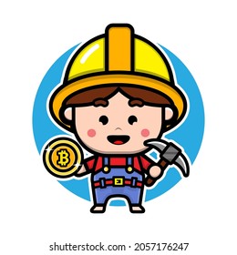 Cute bitcoin miner character vector illustration