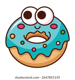 Cute bitten donut with blue glaze and big eyes cartoon isolated on white background.