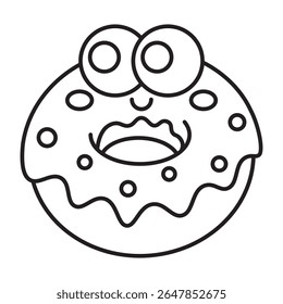 Cute bitten donut cartoon outline with sprinkles isolated on white background.