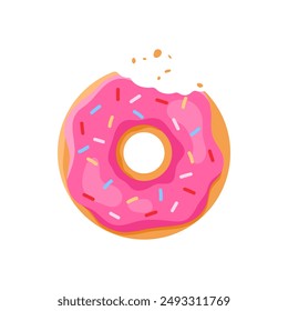 Cute bitten donut with strawberry pink glaze and sweet crumbles vector illustration